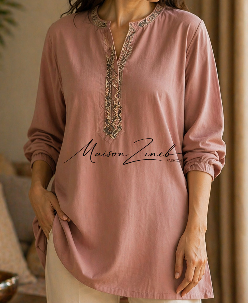Tunique Rose Poudré Brodée – Élégance Douce & Féminine