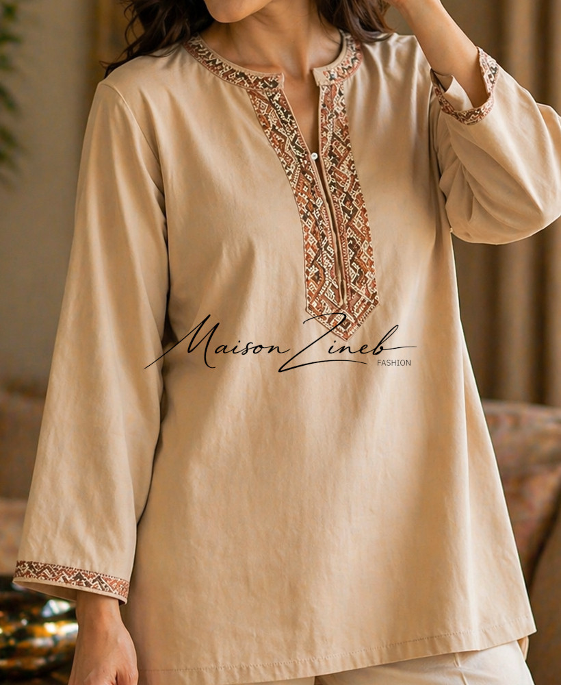 Tunique Beige Brodée Premium – Élégance Traditionnelle & Moderne