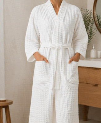 Peignoir Femme Nid d’Abeille Blanc – Élégance & Confort Spa