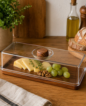 Plateau de Présentation Design Bois avec Cloche Transparente