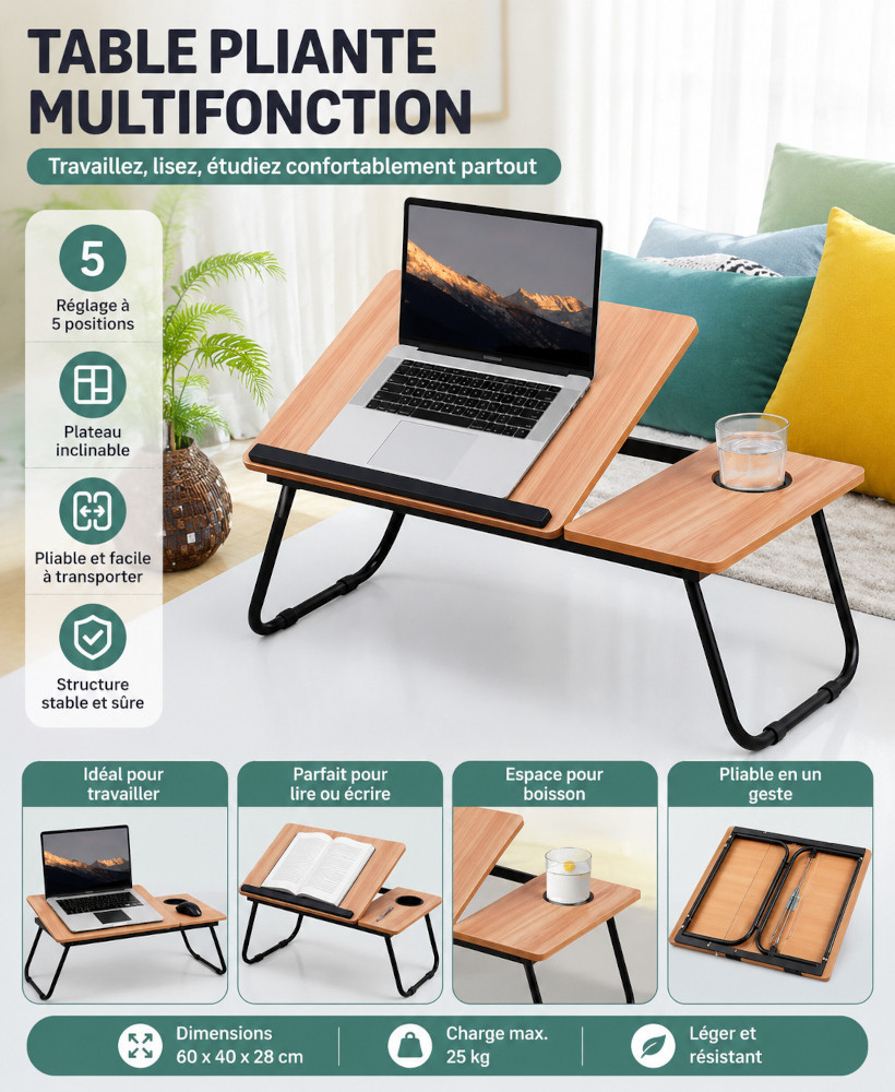 Table Pliante Multifonction pour Ordinateur Portable – Réglable & Pliable