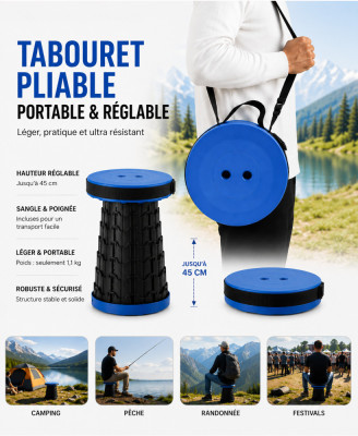 Tabouret Pliable Portable & Réglable – Hauteur Ajustable 45 cm