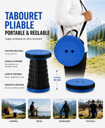 Tabouret Pliable Portable & Réglable – Hauteur Ajustable 45 cm