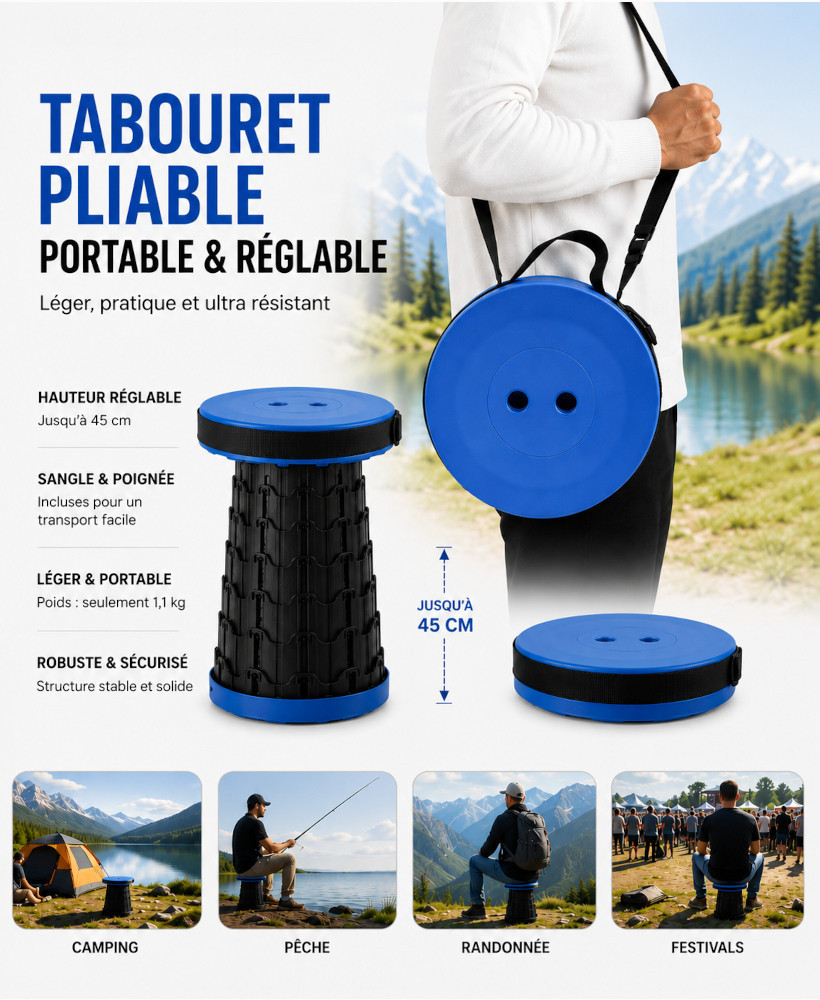 Tabouret Pliable Portable & Réglable – Hauteur Ajustable 45 cm