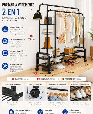 Portant à Vêtements 2 en 1 avec Étagères & Rangement Chaussures