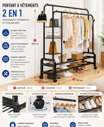 Portant à Vêtements 2 en 1 avec Étagères & Rangement Chaussures