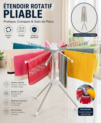 Étendoir Rotatif Pliable Multifonction – Grande Capacité & Gain de Place