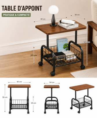 Table d’Appoint Compacte à Roulettes – Design Bois & Métal