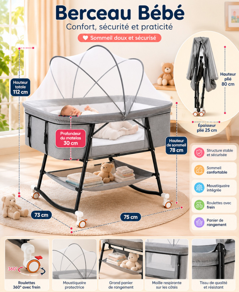 Berceau pour bébé pliable et multifonction
