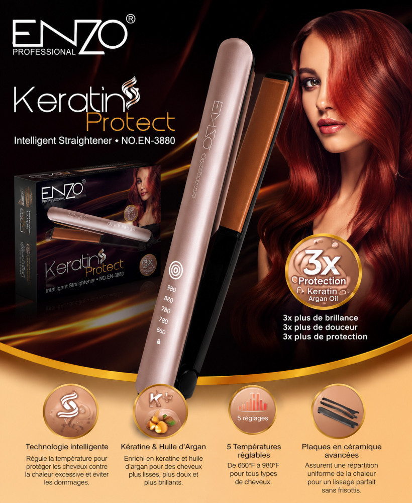 Lisseur Professionnel ENZO Keratin Protect Original – Cheveux Lisses, Brillants et Protégés