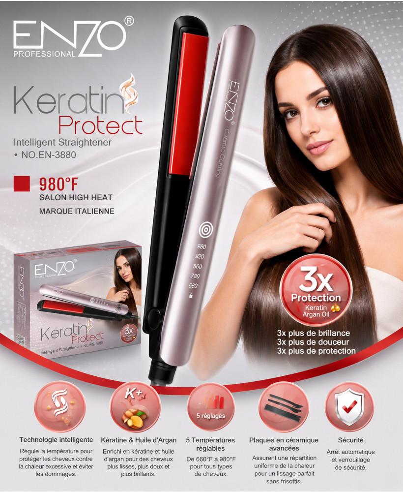 Lisseur Professionnel ENZO Keratin Protect Original – Plaques Céramiques, Kératine & Huile d'Argan, Jusqu'à 980°F