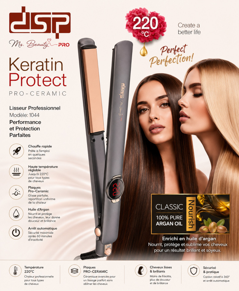 Lisseur Professionnel DSP Keratin Protect Pro-Ceramic Original – Écran LED, 220°C, Plaques Céramiques