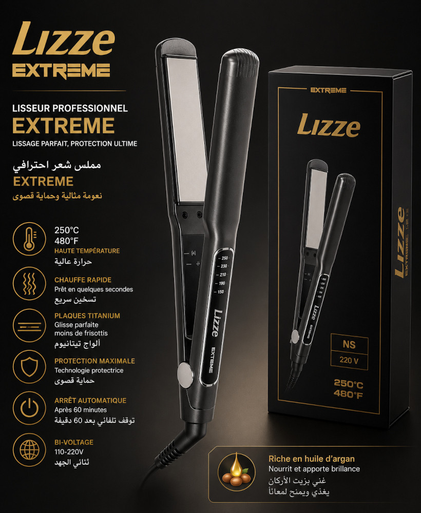 Lisseur Professionnel Lizze Extreme Original – Plaques Titanium, Jusqu'à 250°C, Écran LED