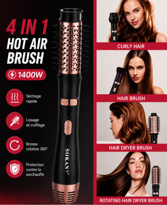 Brosse Soufflante Rotative 4-en-1 SOKANY Original 1400W – Sèche, Lisse, Boucle & Coiffe