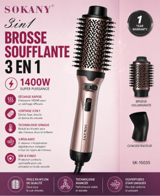 Brosse Soufflante SOKANY Original 3-en-1 1400W – Sèche, Lisse et Donne du Volume