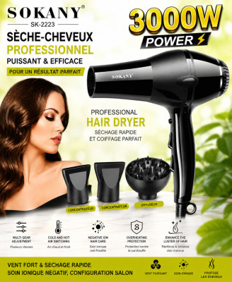 Sèche-Cheveux Professionnel SOKANY Original 3000W – Séchage Rapide avec Diffuseur et Embouts Concentrateurs