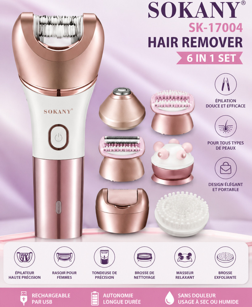 SOKANY SK-17004 – Épilateur Électrique 6 en 1 Rechargeable USB pour Femme
