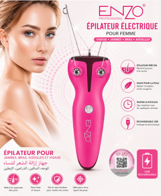 جهاز ENZO الكهربائي لإزالة الشعر للنساء – قابل للشحن عبر USB للوجه والساقين والذراعين والإبطين