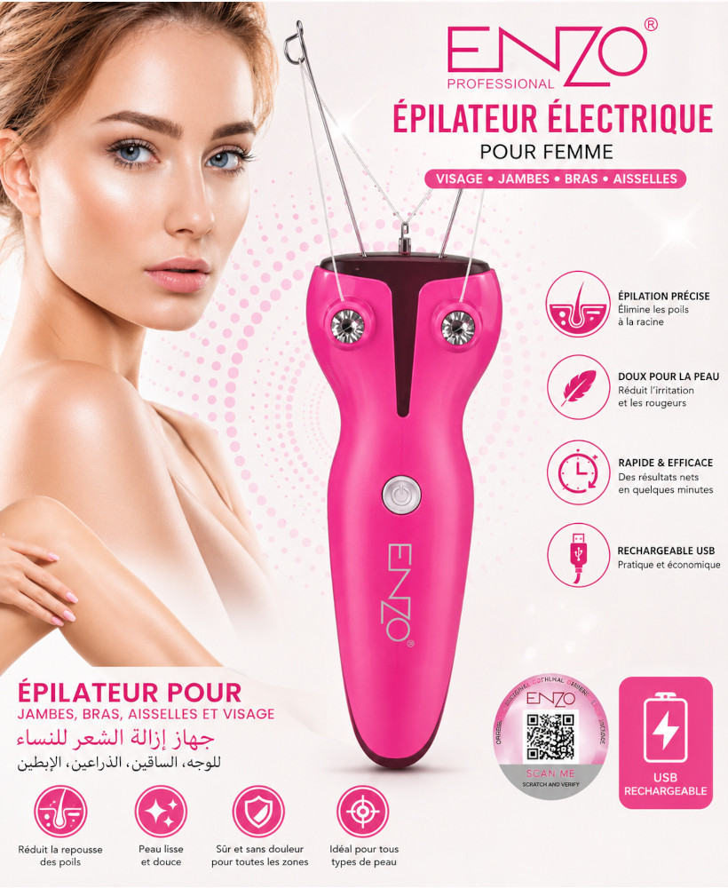 جهاز ENZO الكهربائي لإزالة الشعر للنساء – قابل للشحن عبر USB للوجه والساقين والذراعين والإبطين