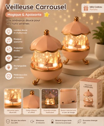 Veilleuse Carrousel Lapins LED – Projection Étoilée, Musique Douce & Rotation 360° Rechargeable USB