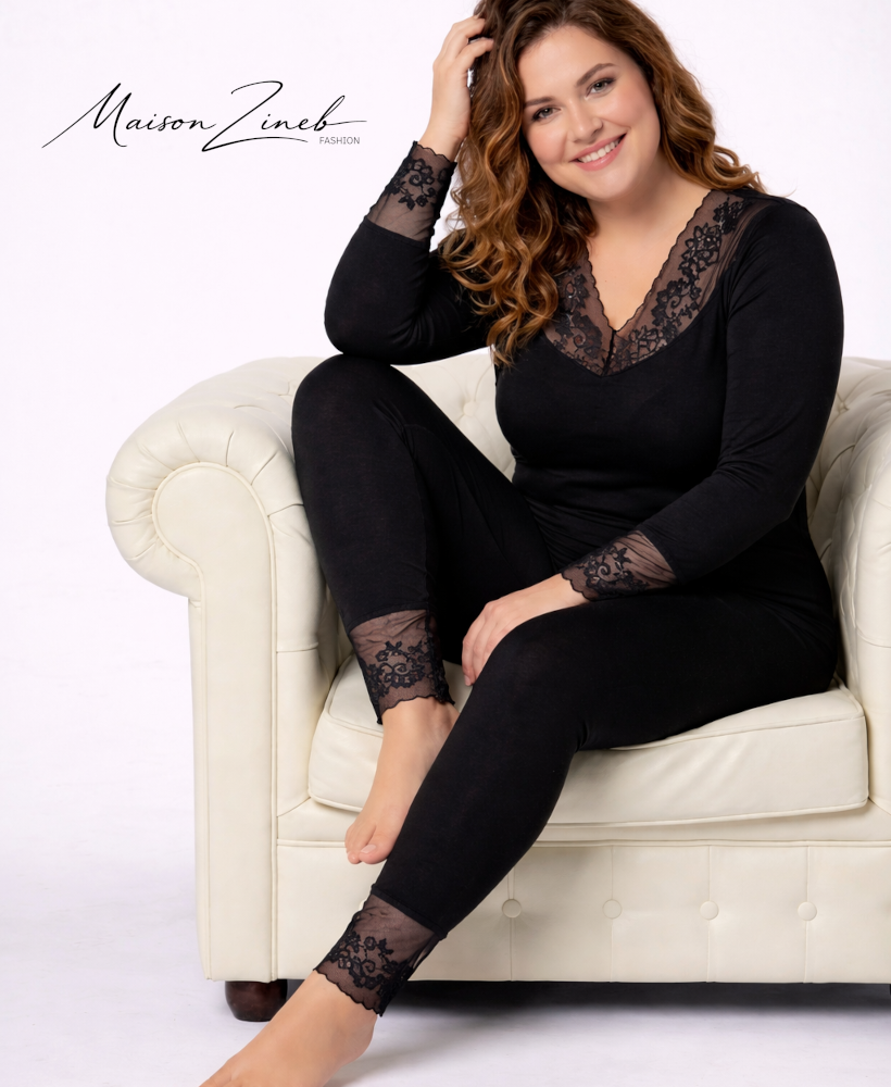Pyjama Femme Noir avec Dentelle – Ensemble Confort Élégant