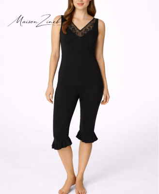 Pyjama Femme Sans Manches Noir avec Dentelle – Ensemble Léger & Confort