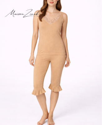 Pyjama Femme Sans Manches Noir avec Dentelle – Ensemble Léger & Confort