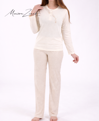 Pyjama Femme Beige Élégant – Ensemble Long Confort & Douceur
