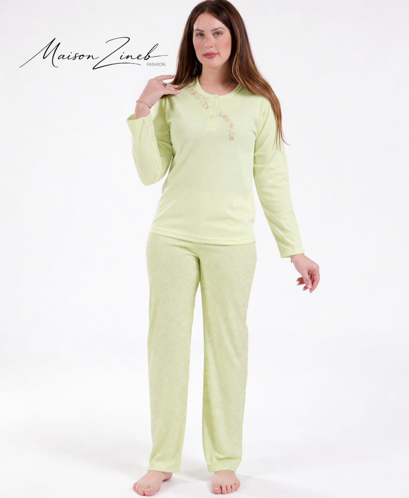 Pyjama Femme Beige Élégant – Ensemble Long Confort & Douceur