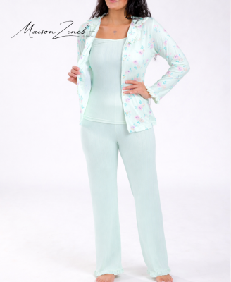 Pyjama Femme 3 Pièces Fleuri – Ensemble Confort avec Veste