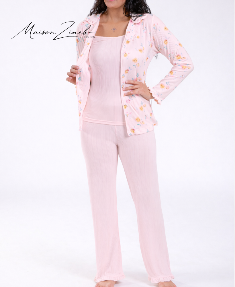Pyjama Femme 3 Pièces Fleuri – Ensemble Confort avec Veste