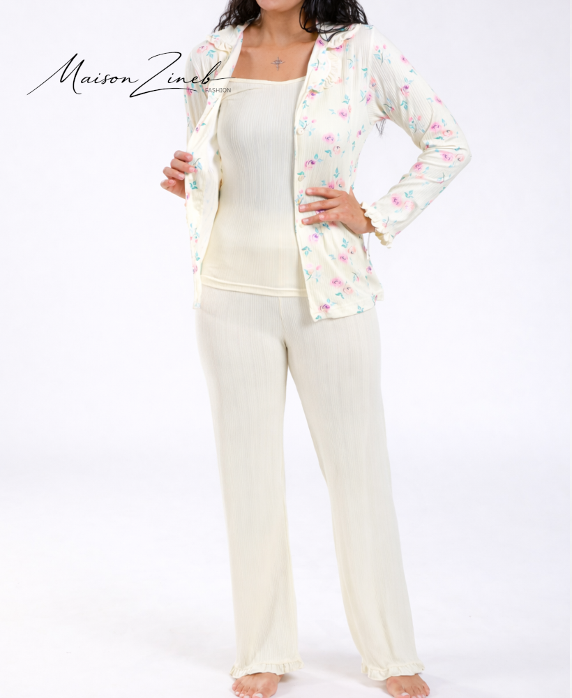 Pyjama Femme 3 Pièces Fleuri – Ensemble Confort avec Veste