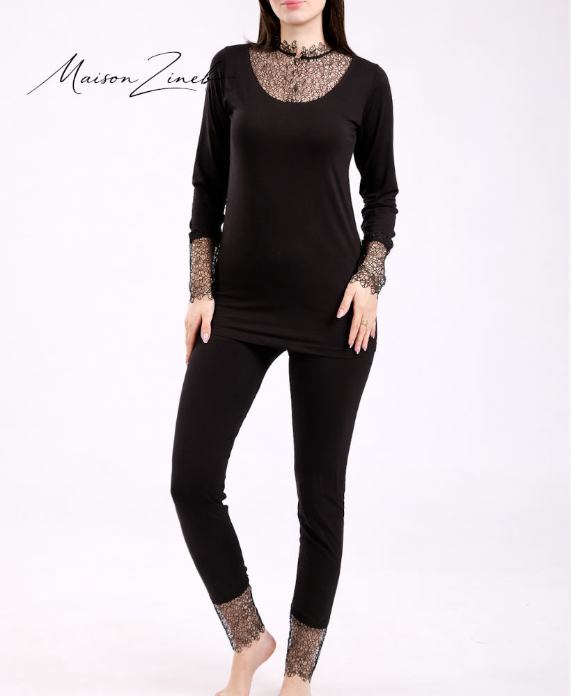 Pyjama Femme Noir avec Dentelle Élégante – Ensemble Chic Premium