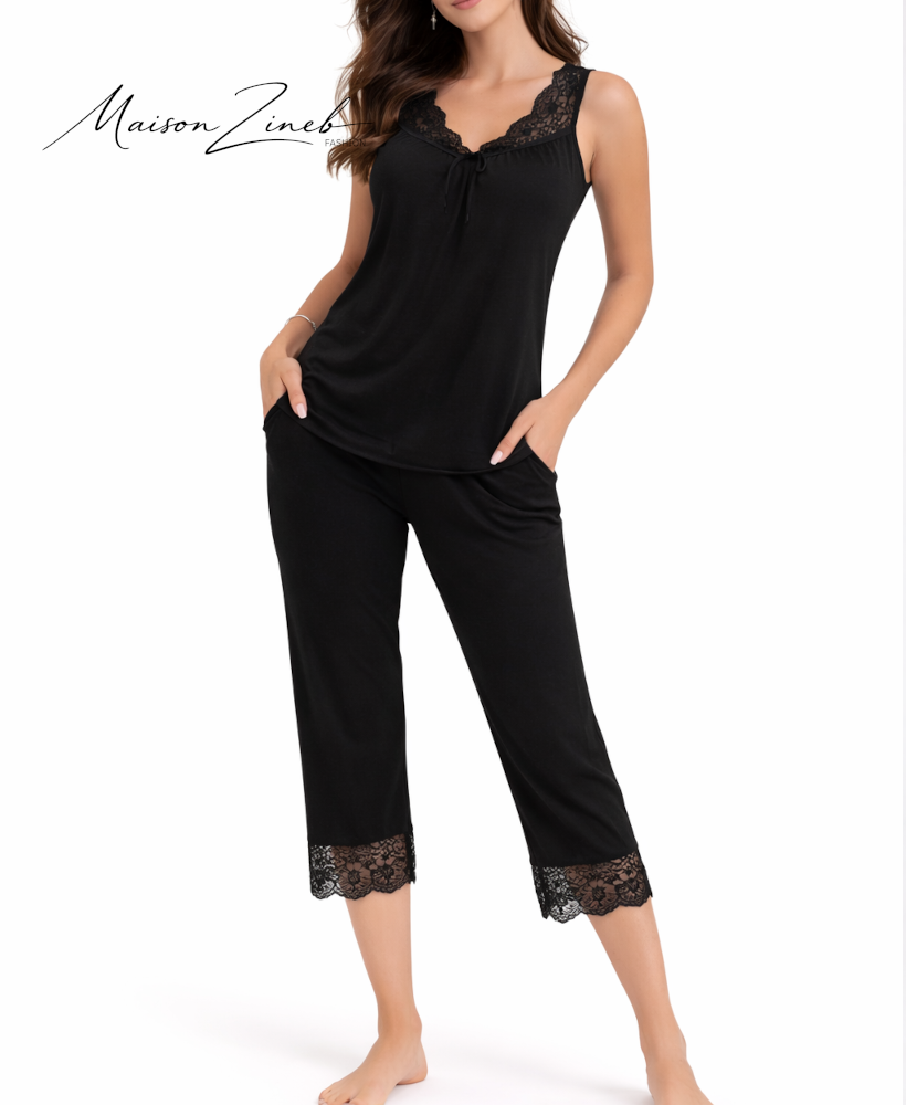Pyjama Femme Satin & Dentelle Élégant – Ensemble Confort Premium