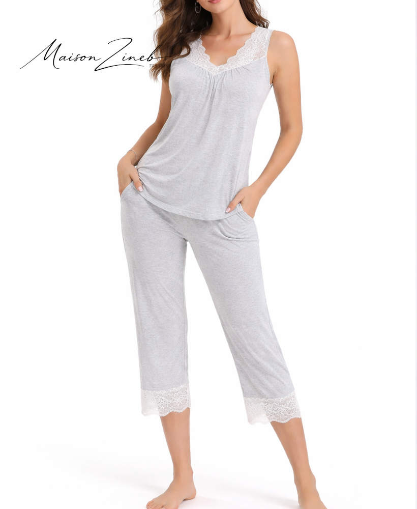 Pyjama Femme Satin & Dentelle Élégant – Ensemble Confort Premium