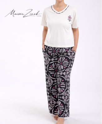 Pyjama Femme Moderne Blanc & Noir – Ensemble Confort Motif Graphique