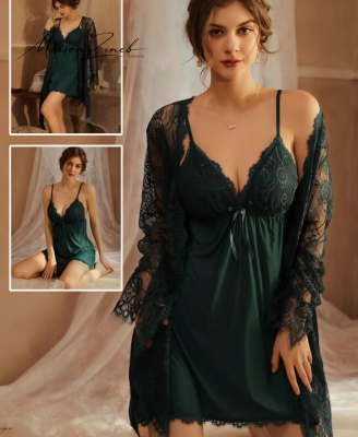 Nuisette Femme Satin Vert Émeraude avec Kimono Dentelle