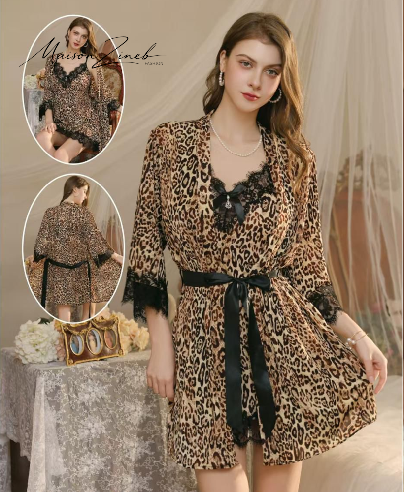 Ensemble Nuisette Léopard + Peignoir Dentelle – Pyjama Femme Glamour Premium