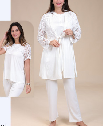 Ensemble 3 pièces homewear dentelle saumon