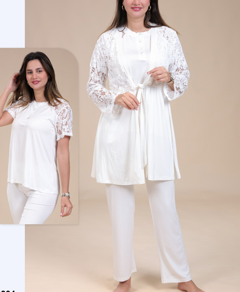Ensemble 3 pièces homewear dentelle saumon