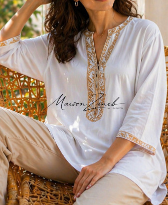 Tunique Blanche Brodée Élégante – Style Chic Été Maison Zineb