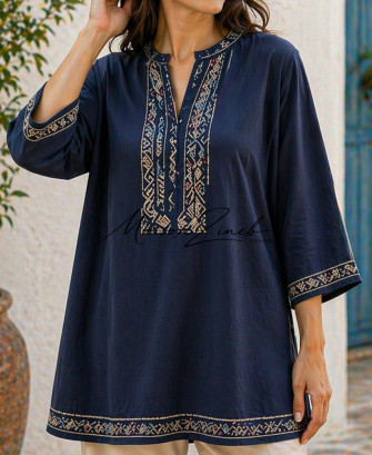 Tunique Bleu Nuit Brodée Premium – Élégance Orientale Moderne