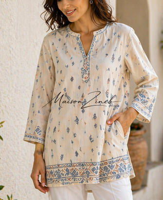 Tunique Imprimée Beige & Bleu – Style Bohème Chic Été