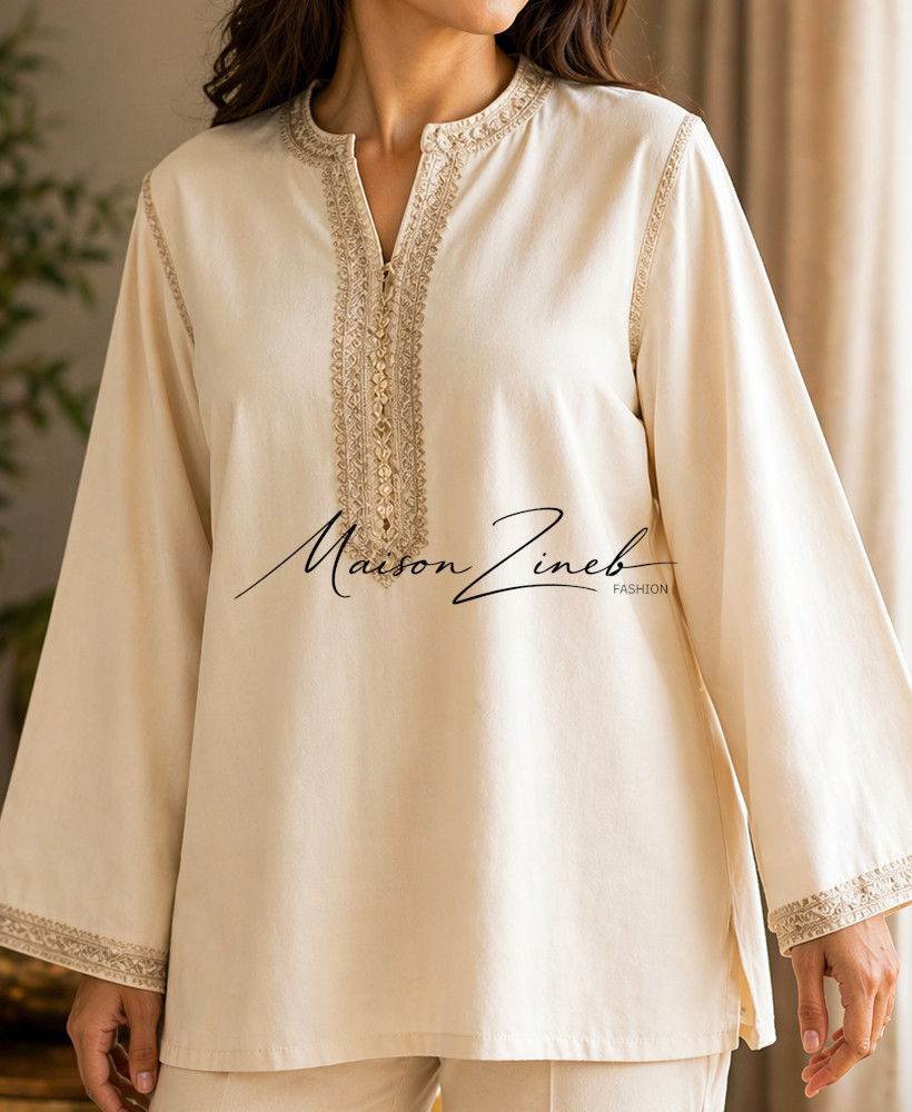 Tunique Beige Élégante Brodée – Style Chic Minimaliste